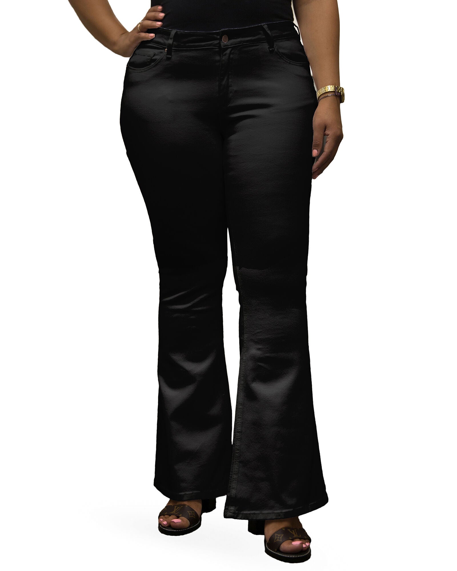 Plus Size Kylie Jeans In Unforgiven Wash W Distressing & 24 inches Flare, OD Black / Black, hi-res image number 0
