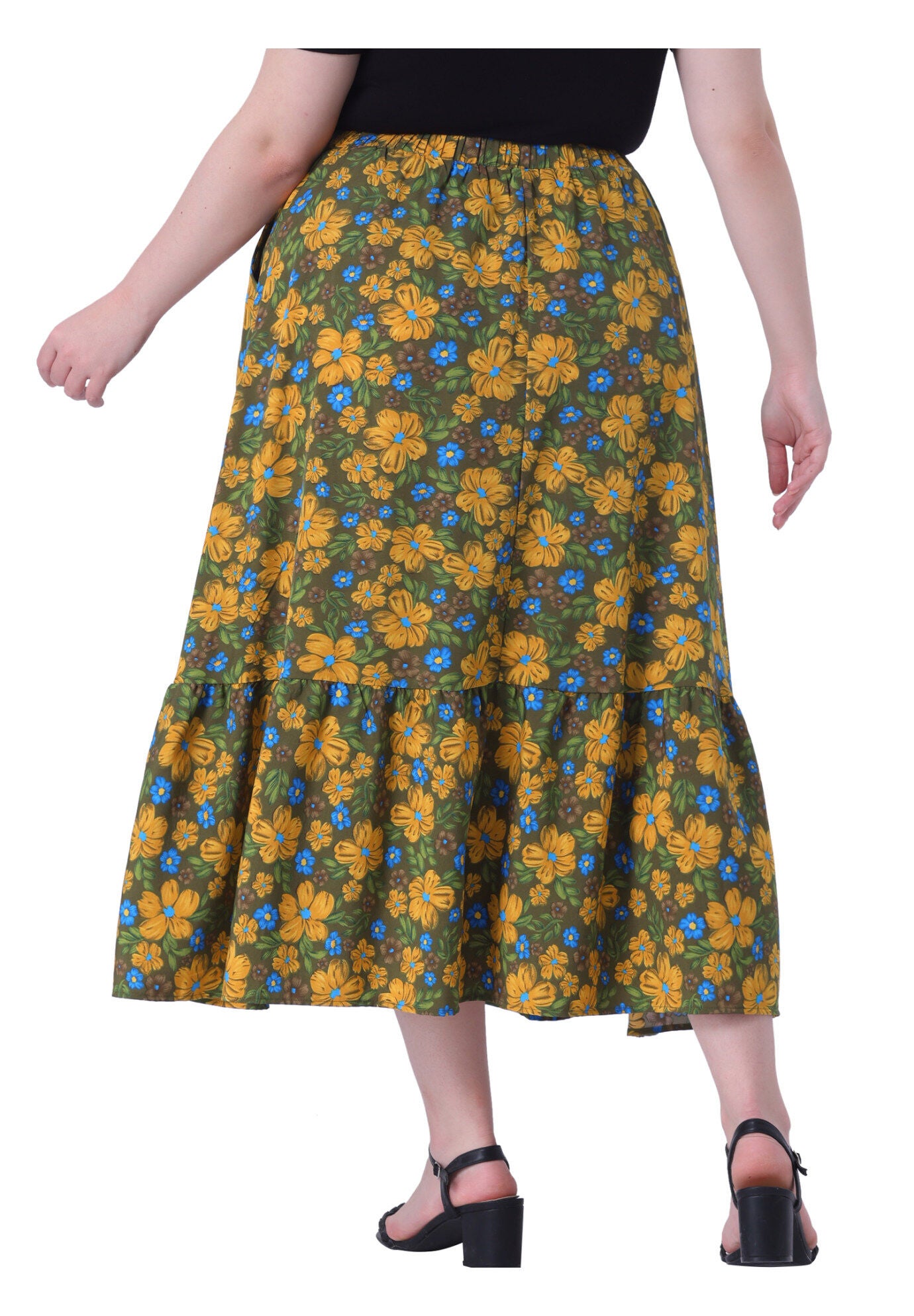 Summer Floral Flowy Stretchy Waist Layered A Line With Pocket Maxi Skirt, Green Yellow / Brown, alternate image number 3