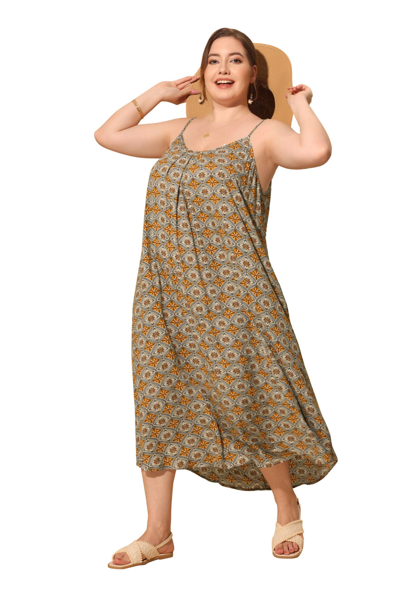 SPAGHETTI STRAP BEACH BOHEMIAN MIDI DRESS, Brown / Brown, hi-res image number 0