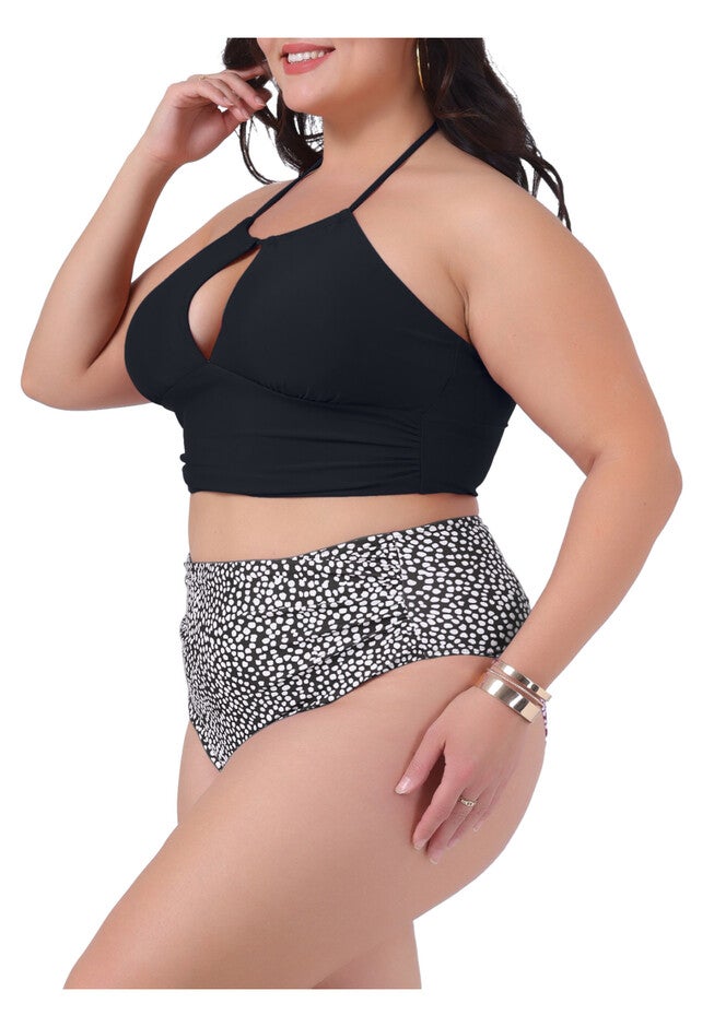2 Piece Halter Ruched Polka Dots Solid High Waisted Swimsuit Set, Black White / White, alternate image number 3