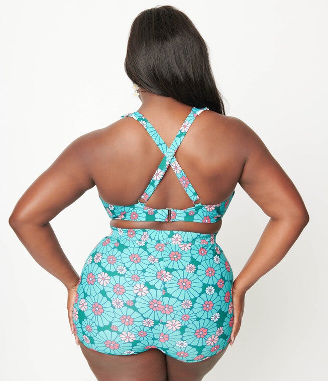 Unique Vintage Teal Flower Child Halter Swim Top, Teal Flower Child / Teal, alternate image number null