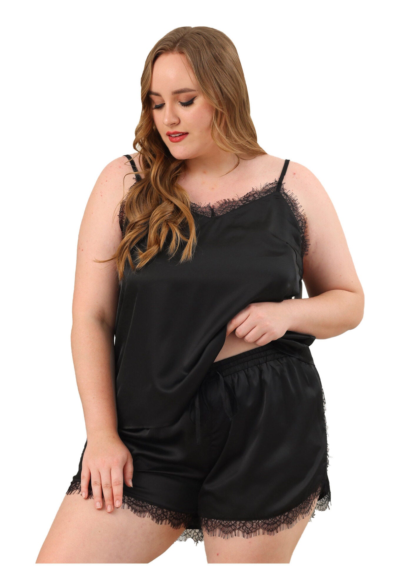 SATIN LACE PANEL CAMI TOP AND SHORTS SLEEPWEAR 2 PIECES PAJAMAS SET, Black / Black, alternate image number 2