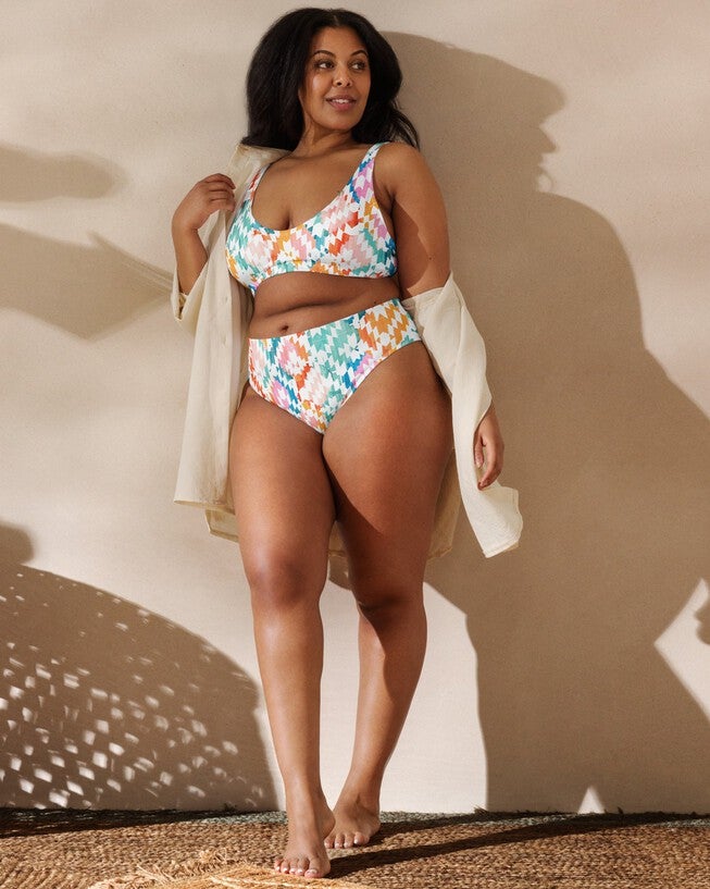 Carnival Ikat Recycled High-Waisted Bikini Bottom, Rainbow / White, alternate image number null