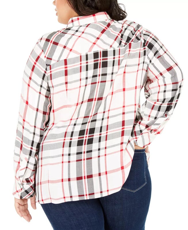 Tommy Hilfiger Women's Plus Size Plaid Button-Front Roll-Tab-Sleeve Top Red Size 0X, , alternate image number null