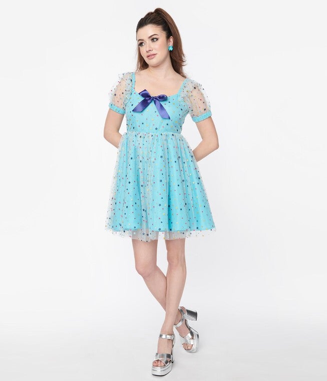 Smak Parlour Blue & Multi Star Puff Sleeve Babydoll Dress, Blue Rainbow Polka Dots / Light Blue, alternate image number null