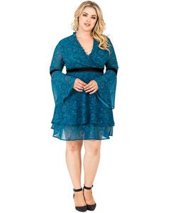 Etsy Wrap Over Flared Sleeves Tiered Skirt with Velvet Trim Dress