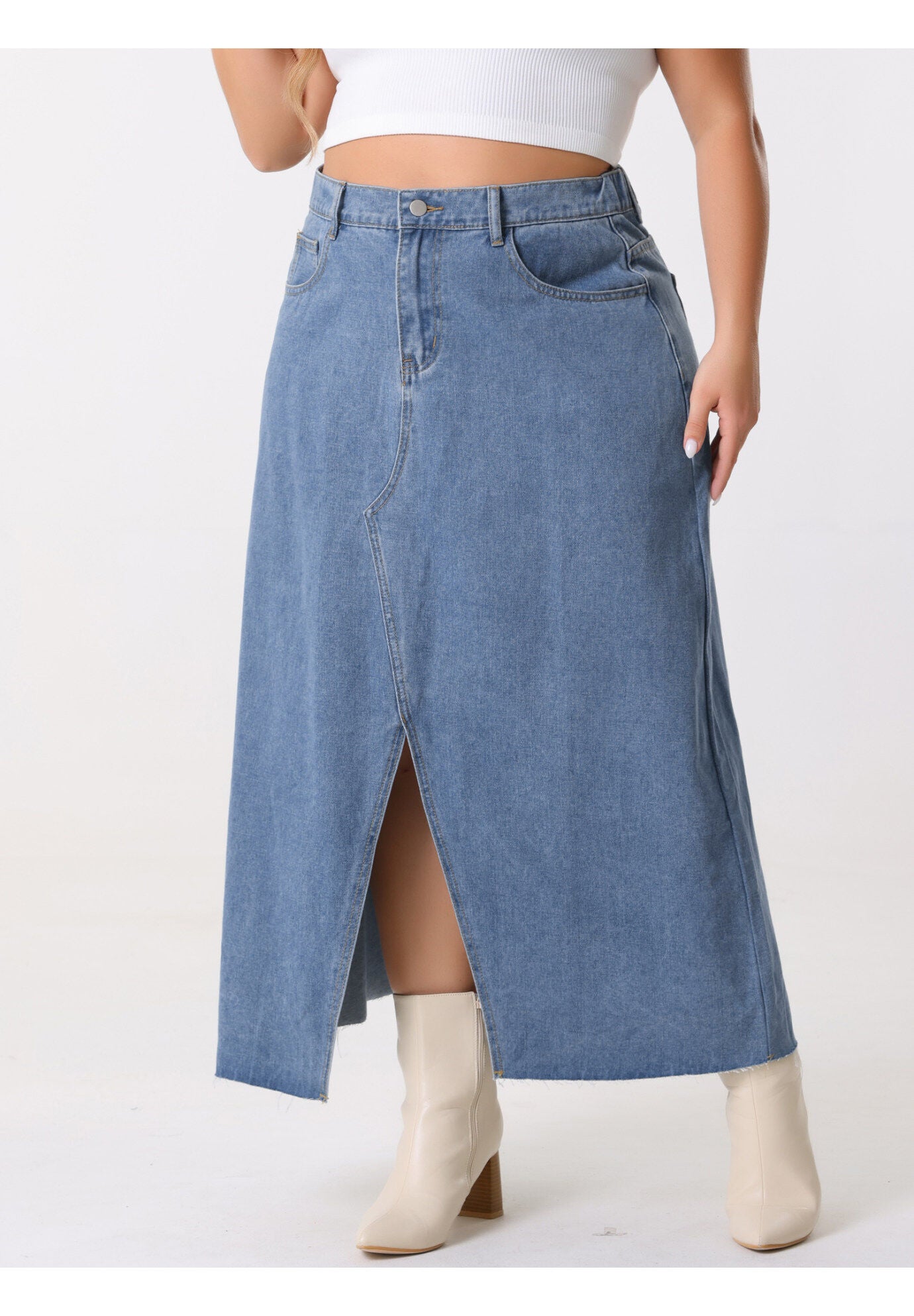 Denim Frayed Raw Hem High Waist Front Slit Long Jean Maxi Skirt, Blue / Chambray Denim Medium, alternate image number 1