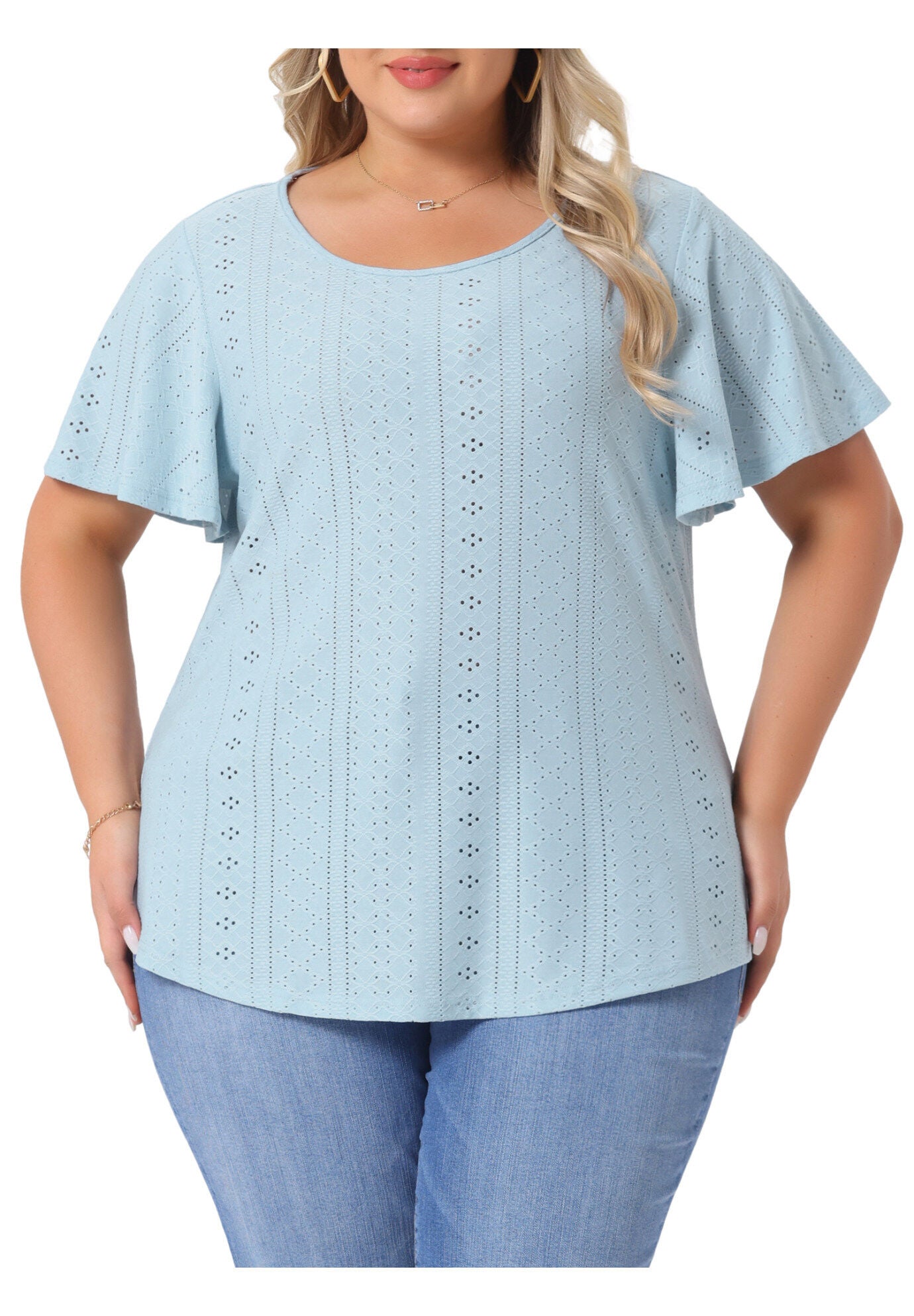 V NECK LOOSE FIT RUFFLE SLEEVE SUMMER HOLLOW TOP, Light Blue / Light Blue, alternate image number 1