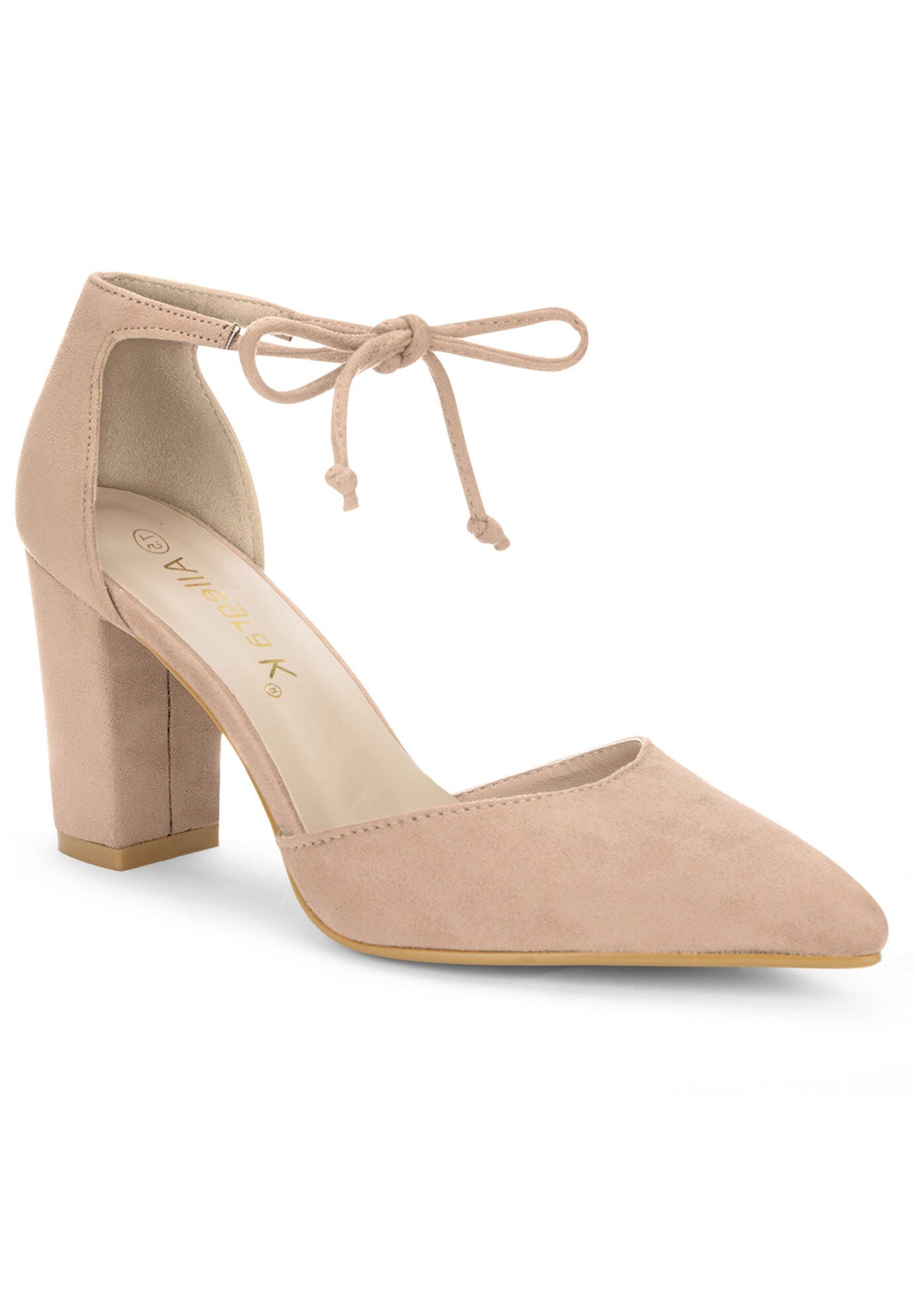Ankle Tie Chunky Heel Pointed Toe Dress Pumps, Nude / Beige, hi-res image number 0