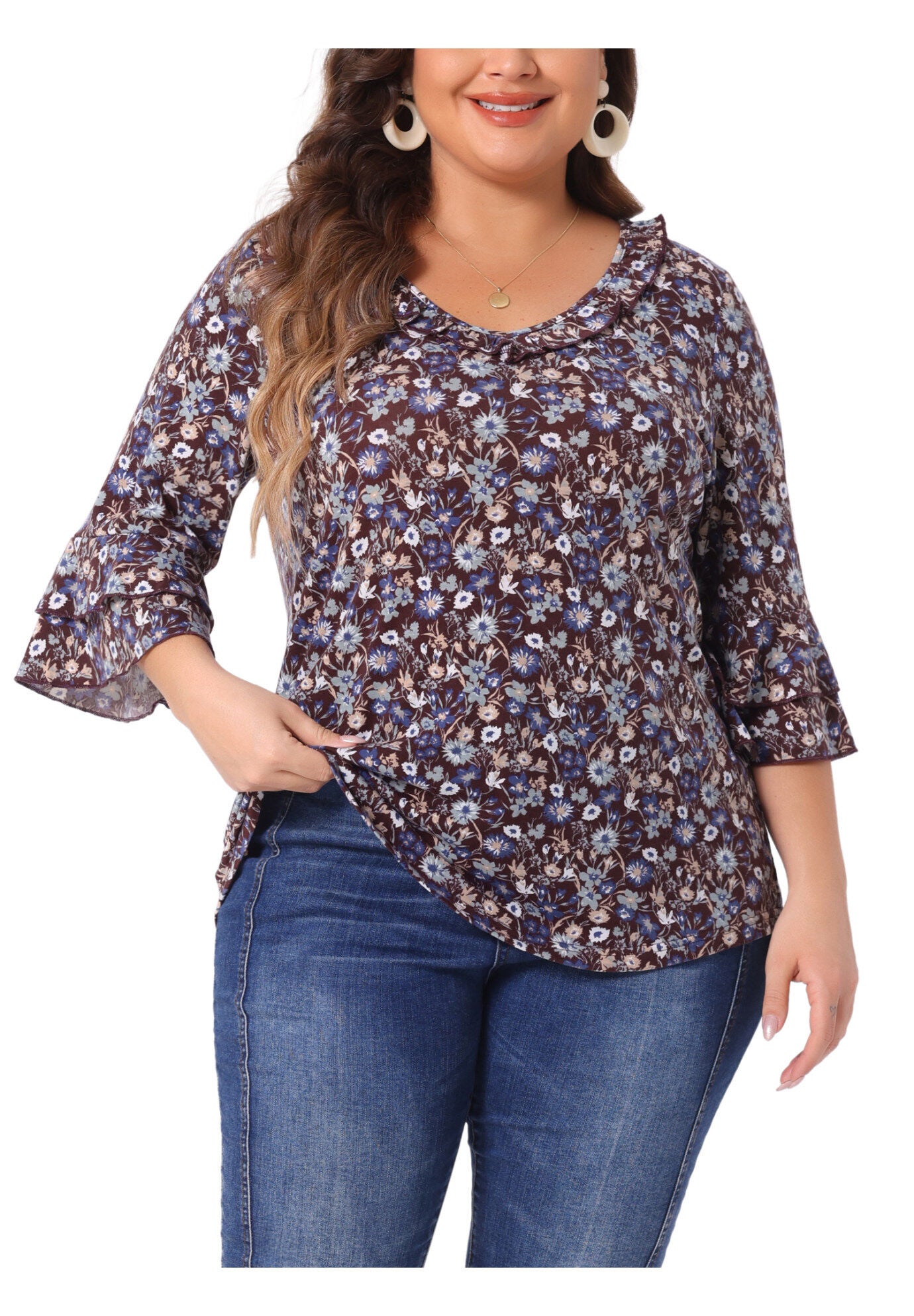 Floral Print V Neck Tiered Ruffle Bell Sleeve Blouse Top, Red Brown / Burnt Orange, alternate image number 2