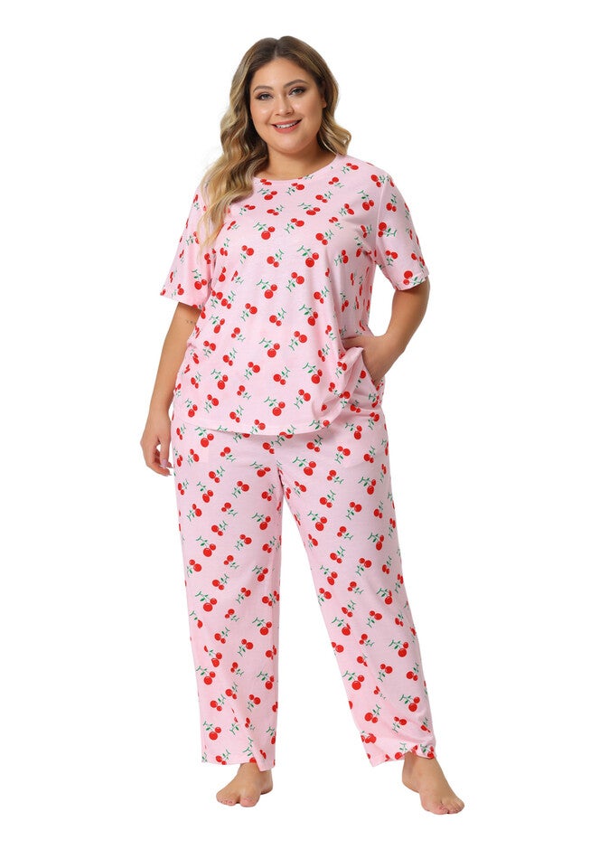 Cherry Print Sleepwear Lounge Set, Pink / Pink, hi-res image number 0