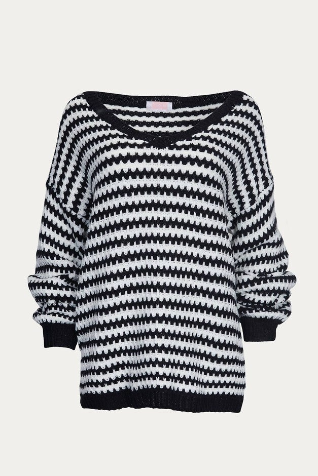 STRIPED V-NECK KNIT SWEATER IN BLACK/WHITE, , alternate image number null