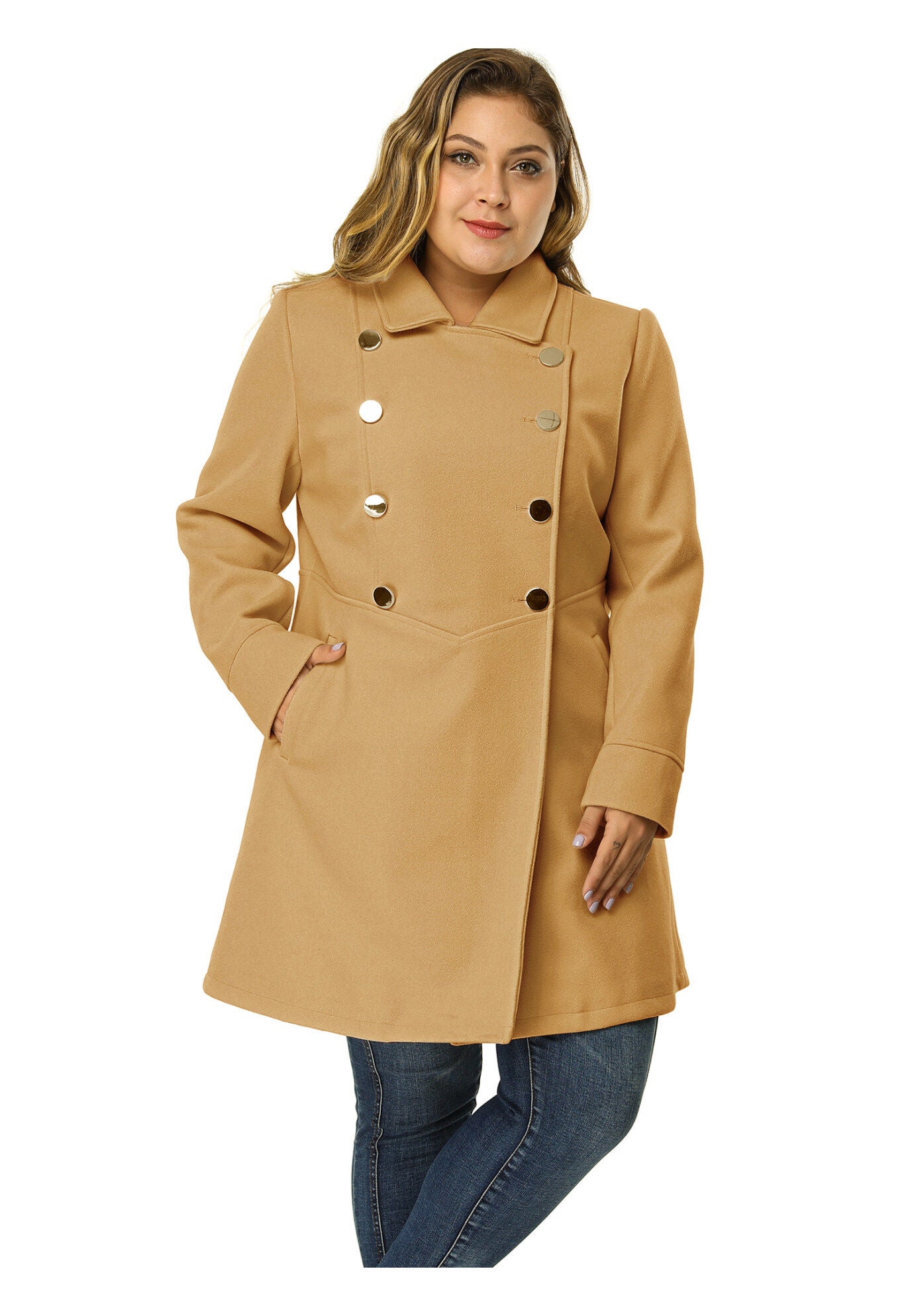 A-Line Peter Pan Collar Double Breasted Peacoat, Khaki / Brown, alternate image number 1