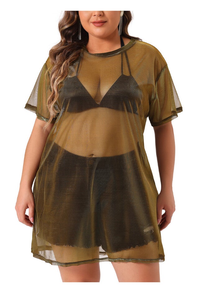 Sheer Mesh Top See Through Holographic Long Tee, Gold / Gold, alternate image number 2