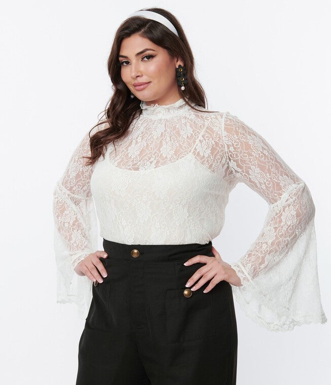 Smak Parlour White Lace Bell Sleeve Blouse, White Lace / White, hi-res image number 0