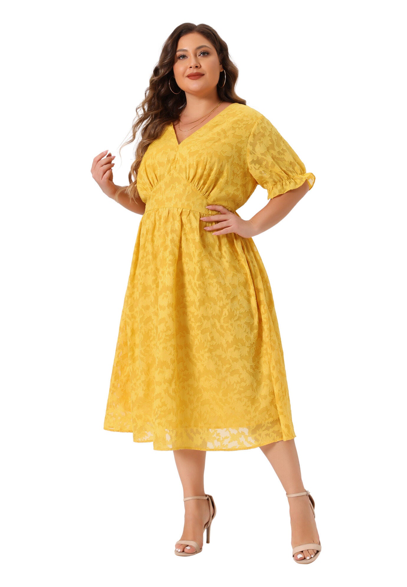 LACE FLORAL RUFFLE SHORT SLEEVE V NECK MIDI DRESS, Yellow / Yellow, hi-res image number 0