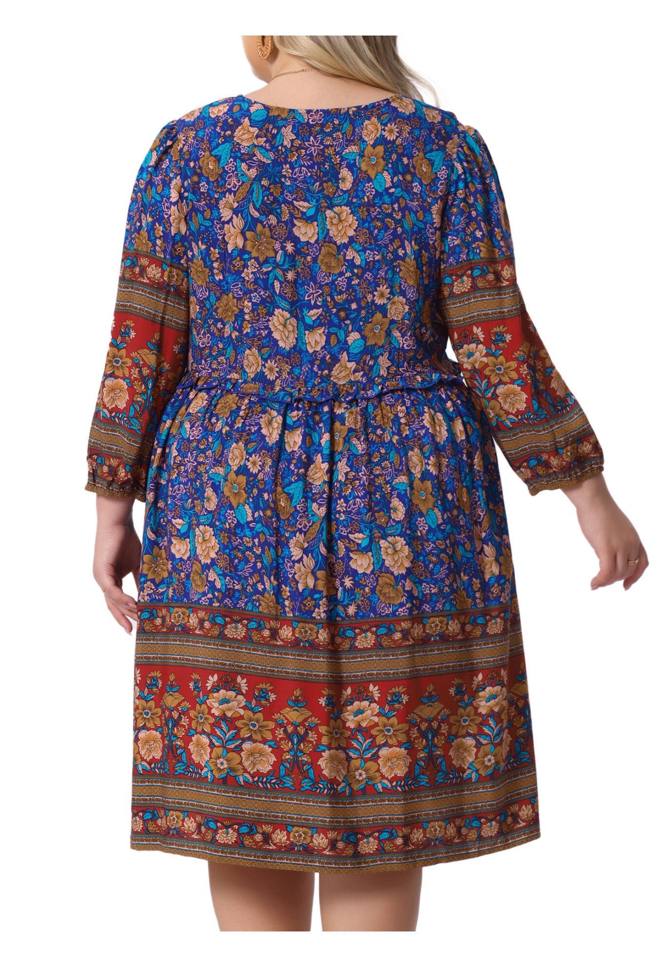 Boho Floral V Neck 3/4 Sleeve Mini Short Dress, Red Blue / Red, alternate image number 3