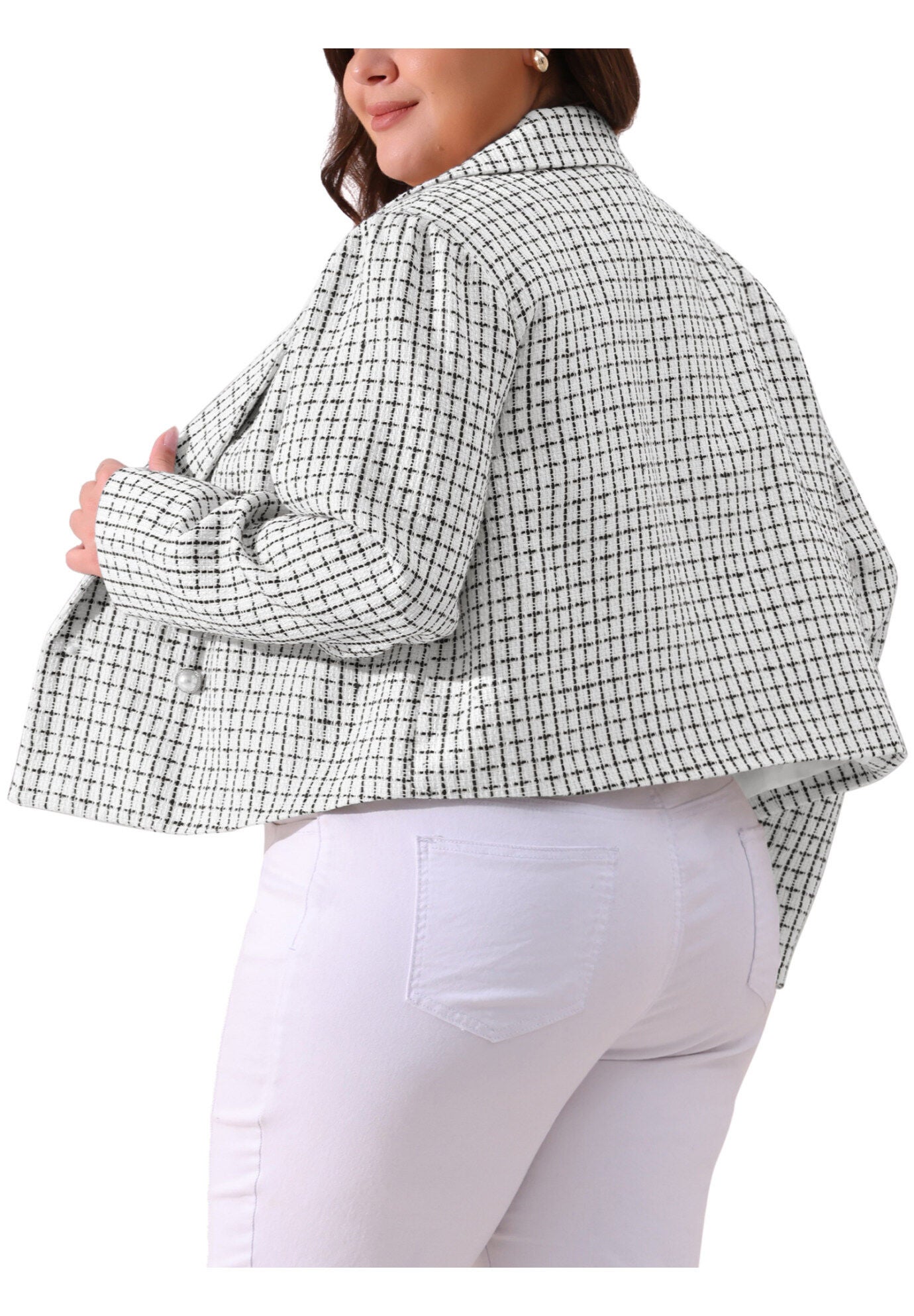 NOTCHED LAPEL CROP PLAID TWEED BLAZER, White / White, alternate image number 3