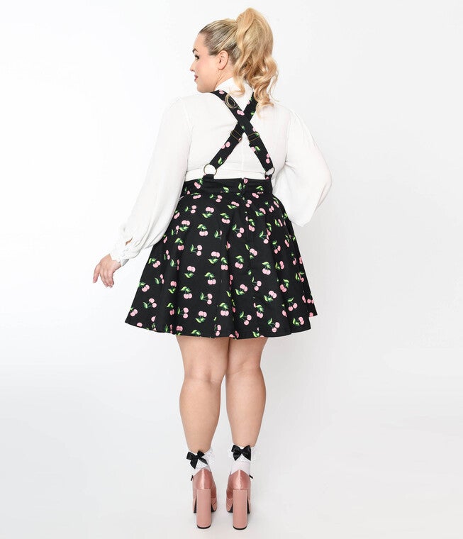 Unique Vintage Black & Pink Cherries Brionne Pinafore Skirt, BlackPink Cherries / Black, alternate image number null