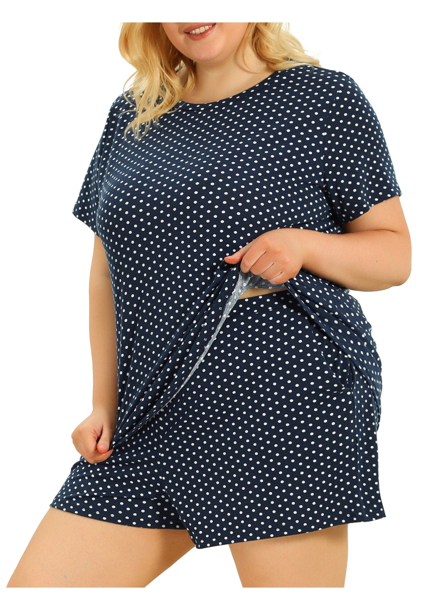 POLKA DOTS SLEEPWEAR PAJAMAS SET SHORT SLEEVE SHIRT AND SHORTS, Navy Blue / Navy, alternate image number 2