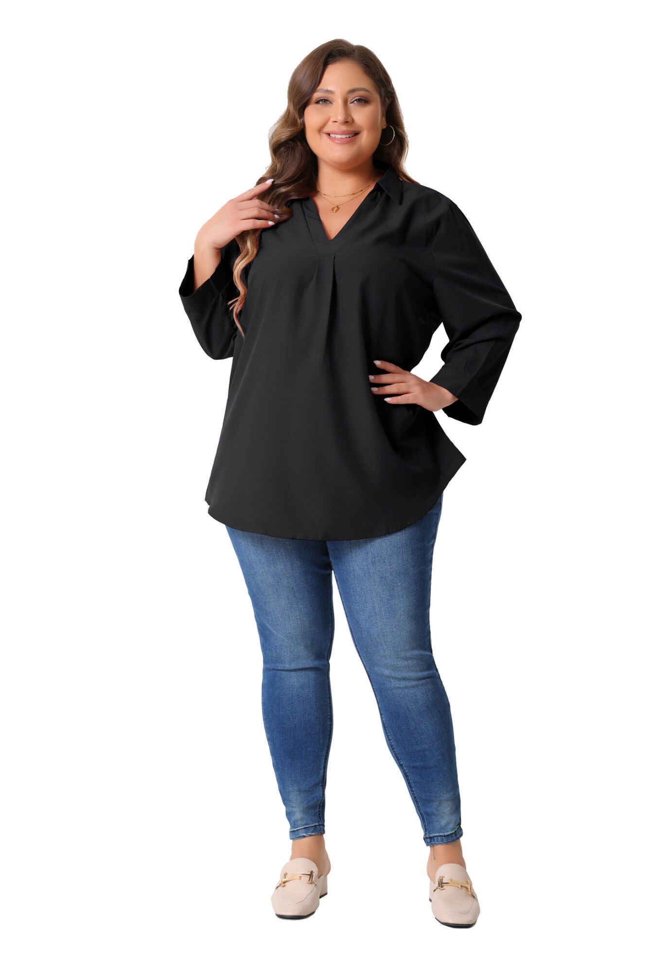 V Neck 3/4 Sleeve Flowy Blouse Work Chiffon Shirt, Black / Black, hi-res image number 0