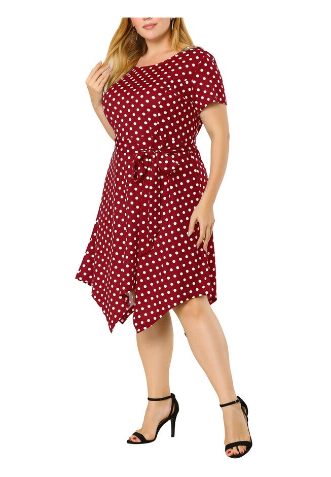 Printed Retro High Low Short Sleeves Dress, Wine Red / Red, alternate image number null