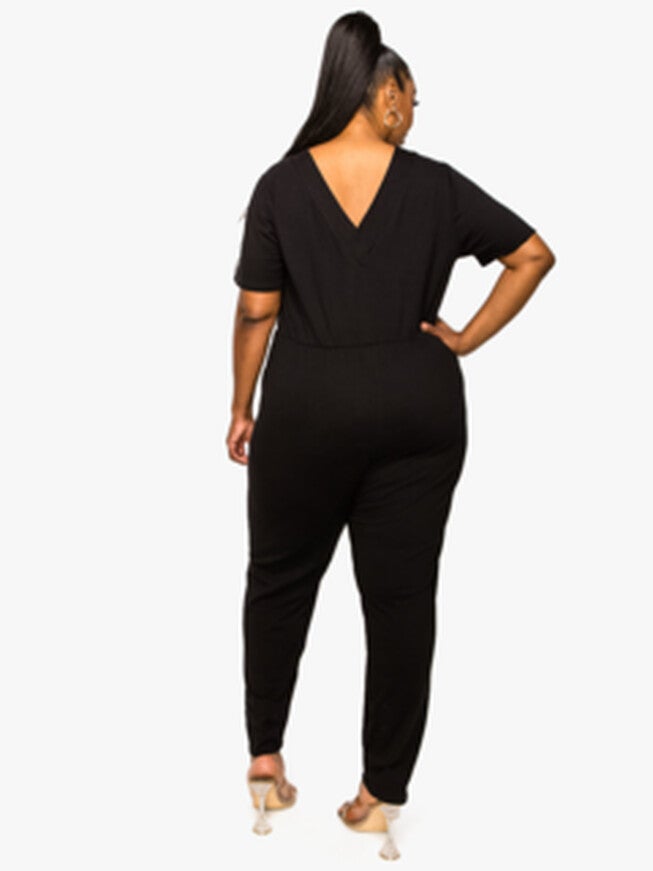 KYLIE V NECK JUMPSUIT, Black / Black, alternate image number 1