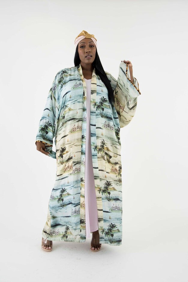 The Beach Scene Silk Twill Kimono, MultiColor / Light Blue, alternate image number null
