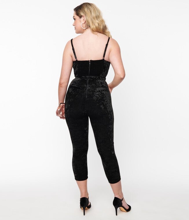 Unique Vintage Black Velvet Cropped Jumpsuit, Black / Black, alternate image number null