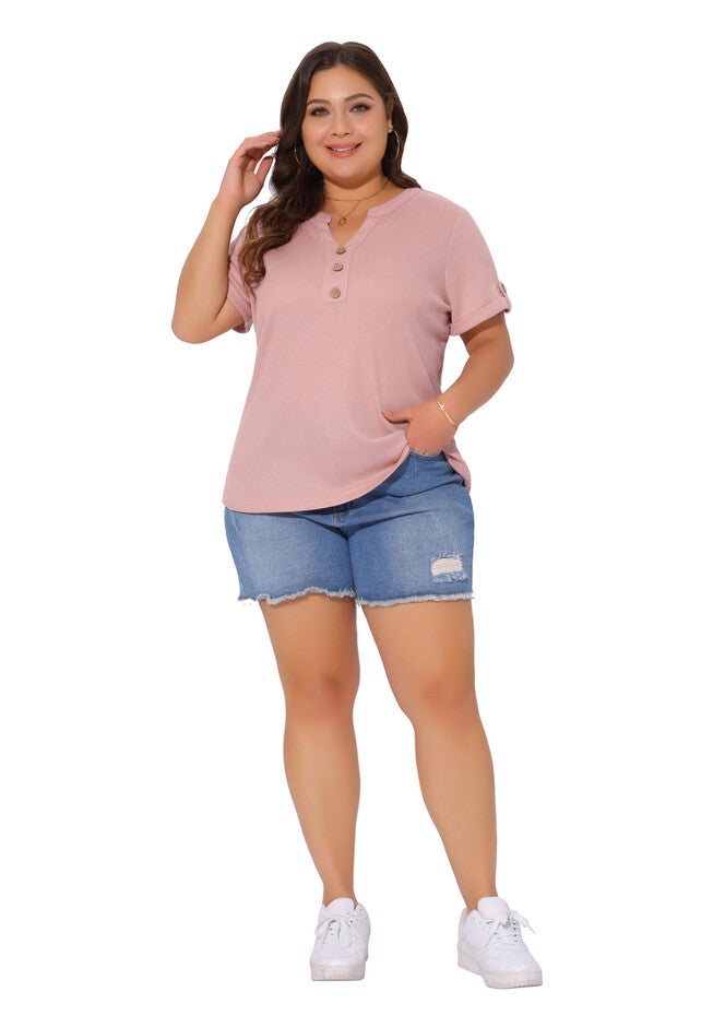 Loose Short Sleeve Button V Neck Summer Waffle Tunic Tee, Pink / Pink, hi-res image number null
