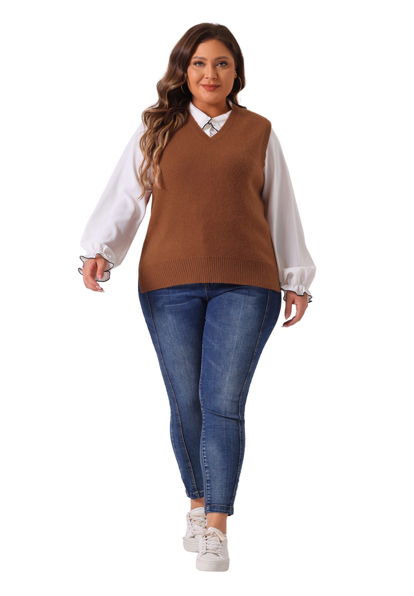 V Neck Knit Vest Sleeveless Pullover Sweater Top, Brown / Brown, hi-res image number 0