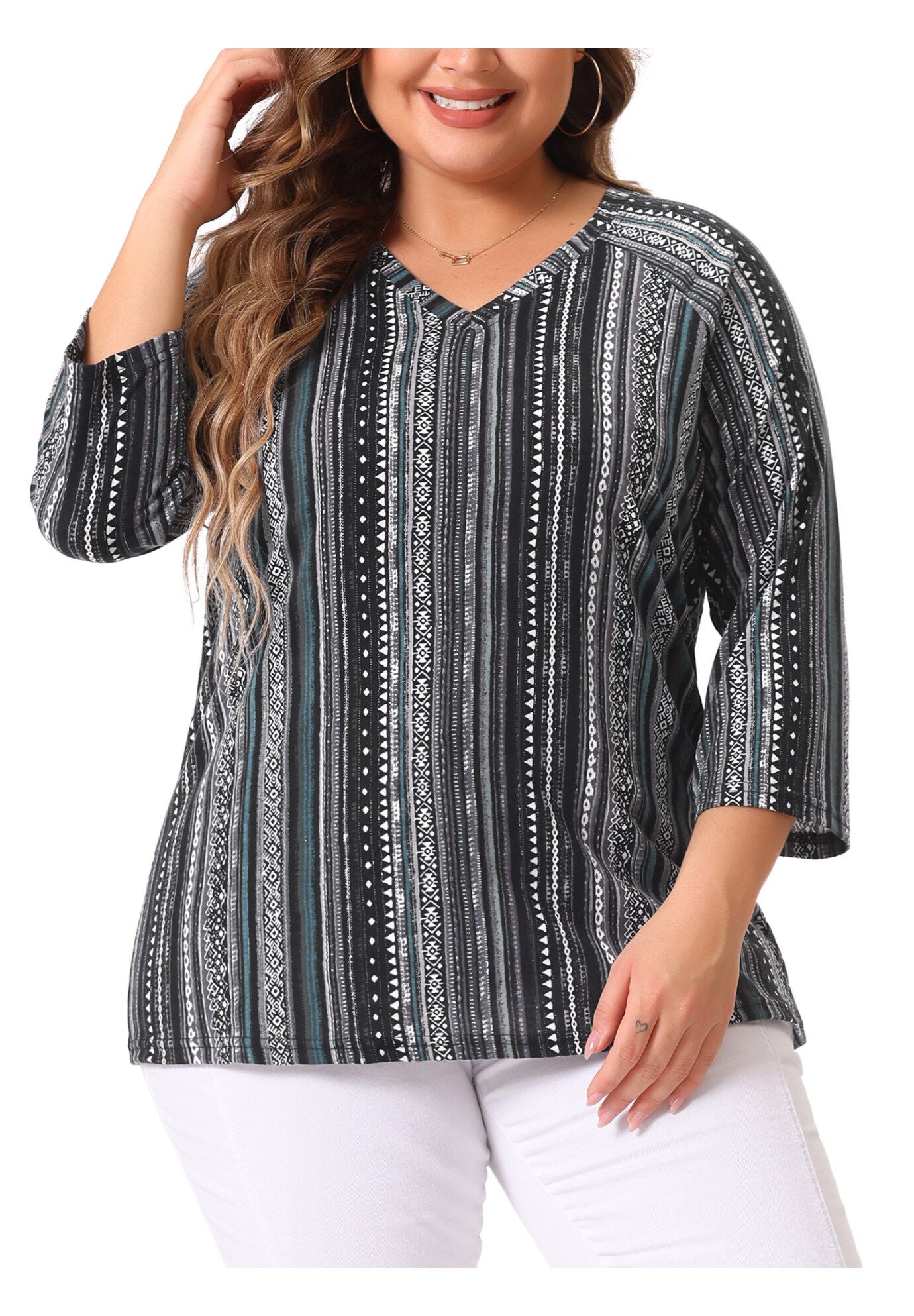 3/4 Sleeve Knit Blouse Tee Stripe Boho Top, Black / Black, alternate image number 2