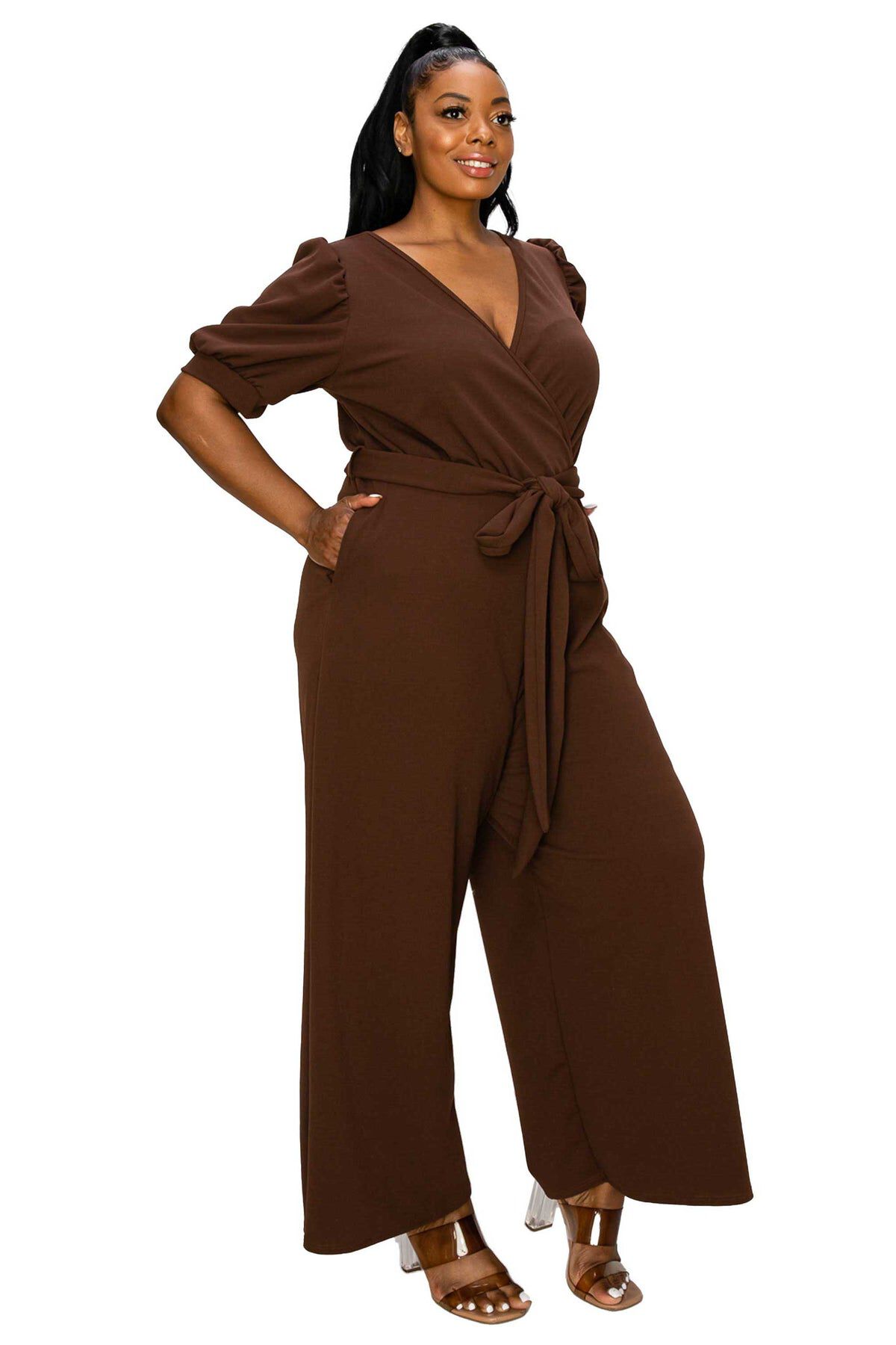 IRIS SURPLICE BELTED POCKET JUMPSUIT, Brown / Brown, alternate image number 1
