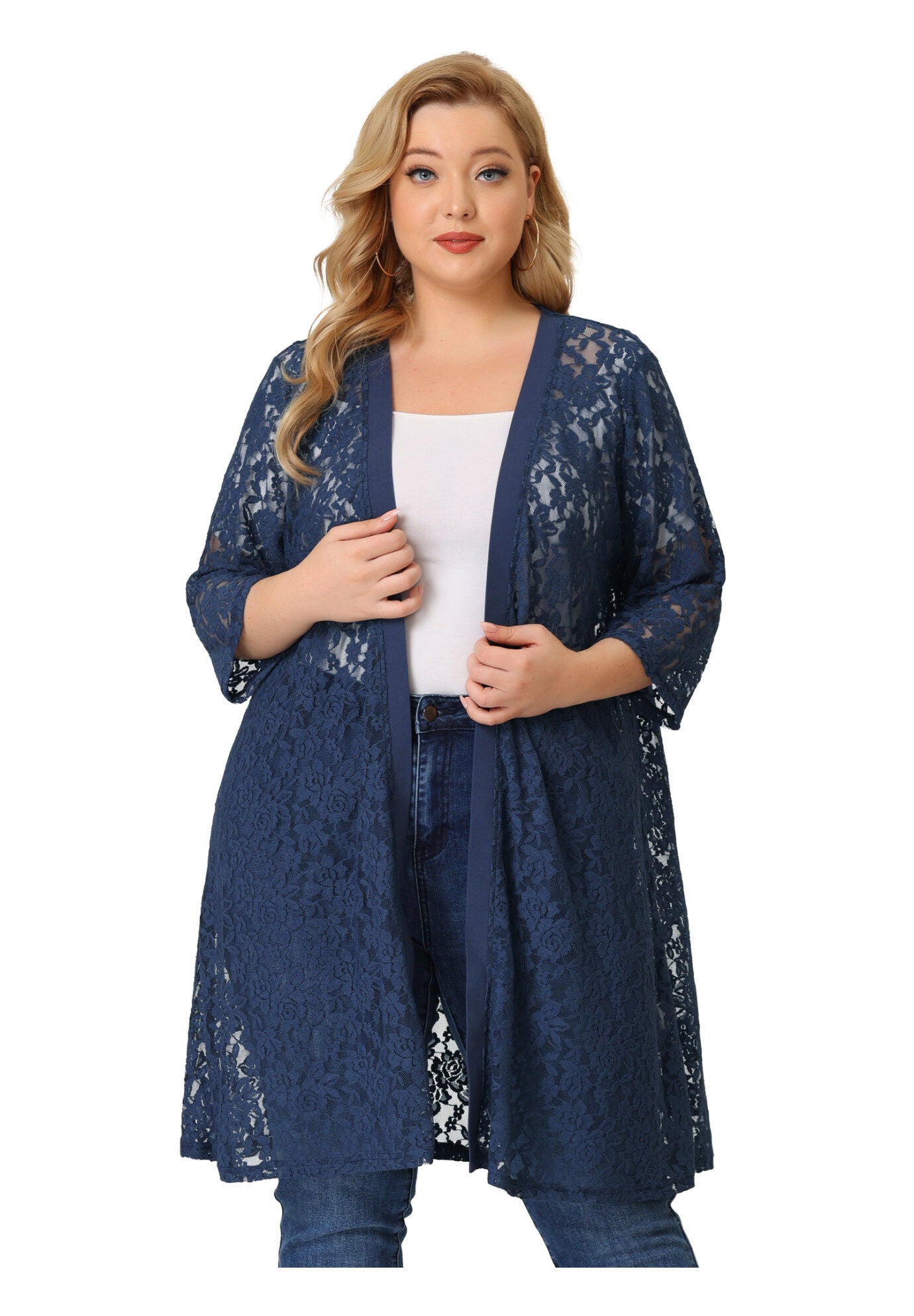 LACE CROCHET 3/4 SLEEVE COVER UP CARDIGAN, Navy / Navy, alternate image number 1