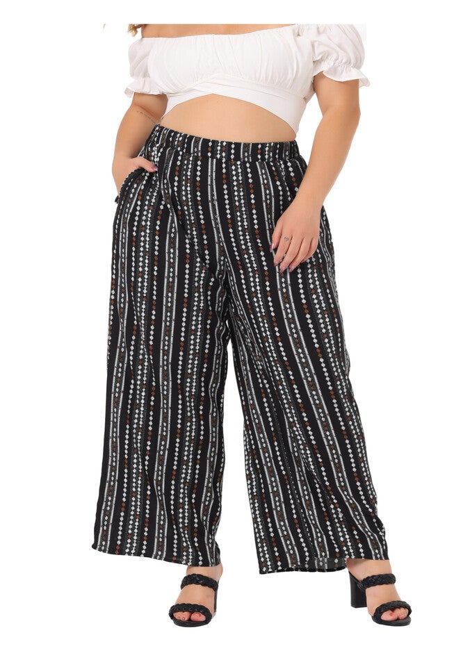STRIPE BOHO WIDE LEG PAPER BAG PALAZZO PANTS, Black White / Black, alternate image number 1