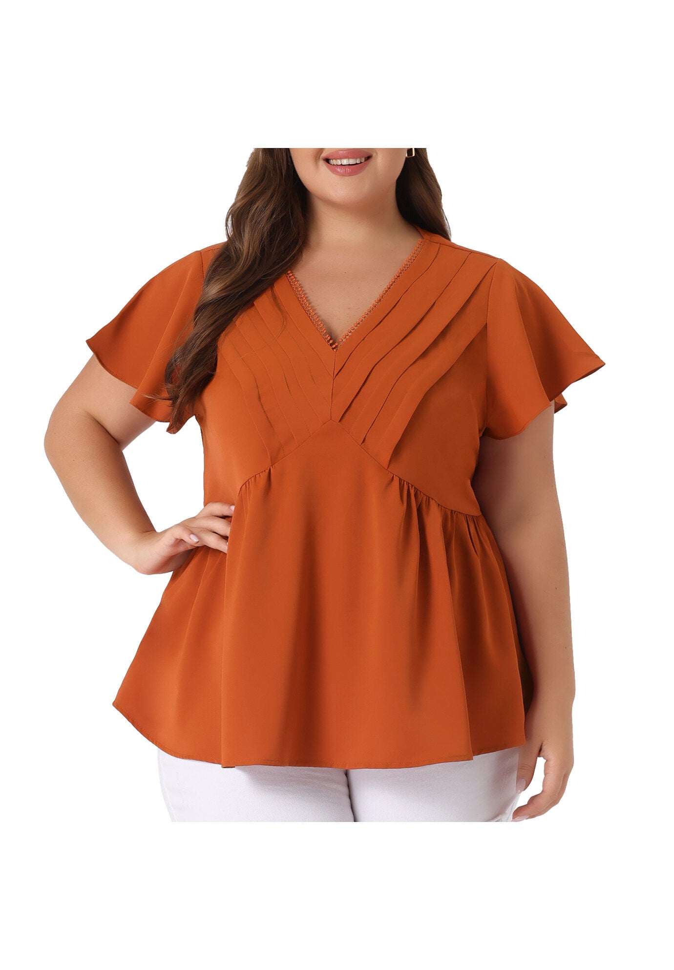 V NECK FLARE SLEEVE RUFFLE PEPLUM WRAP BLOUSE TOP, Caramel / Burnt Orange, alternate image number 2