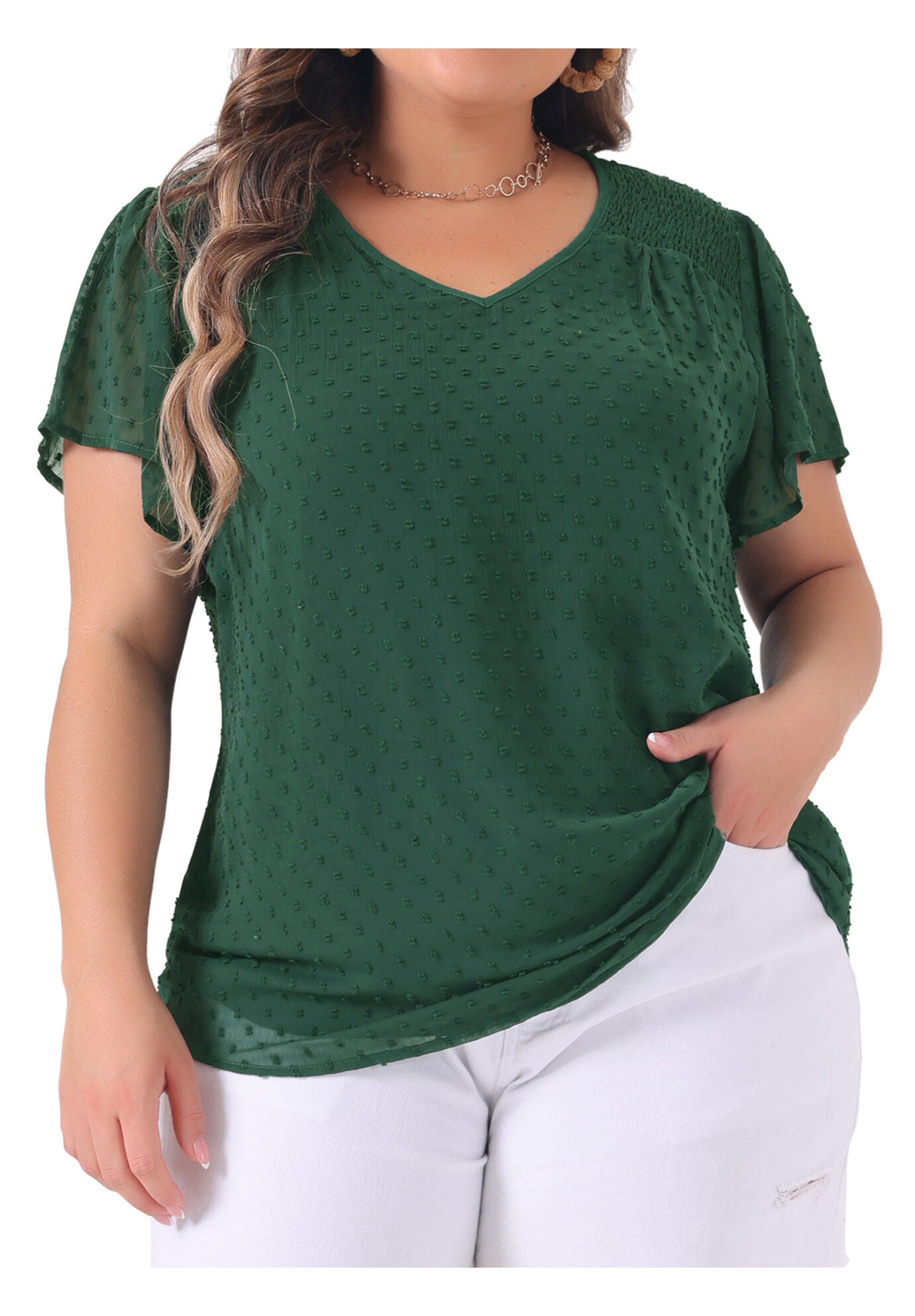 Pin Dots Smocked Flare Sleeve Blouses Tee Top, Dark Green / Hunter Green, alternate image number 1