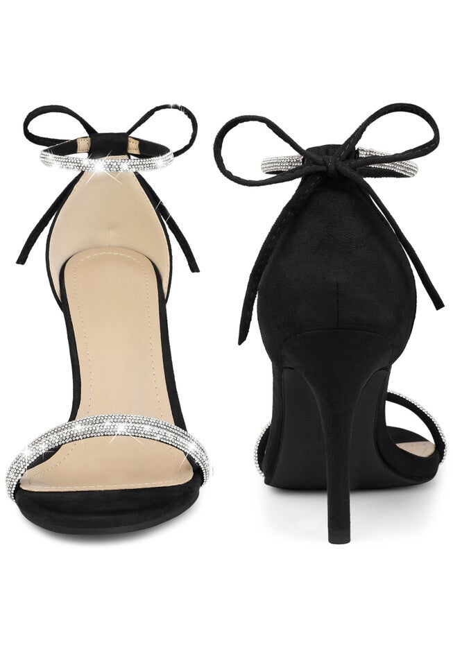 Rhinestone Ankle Tie Stiletto Heels Sandals, Black / Black, alternate image number 1