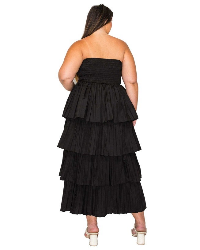 ELENI STRAPLESS PLEATED TIERED DRESS, Black / Black, alternate image number null