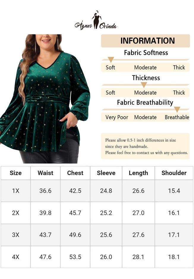 Velvet V Neck Long Sleeve Shiny Metallic Star Blouse Top, Dark Green / Hunter Green, alternate image number null