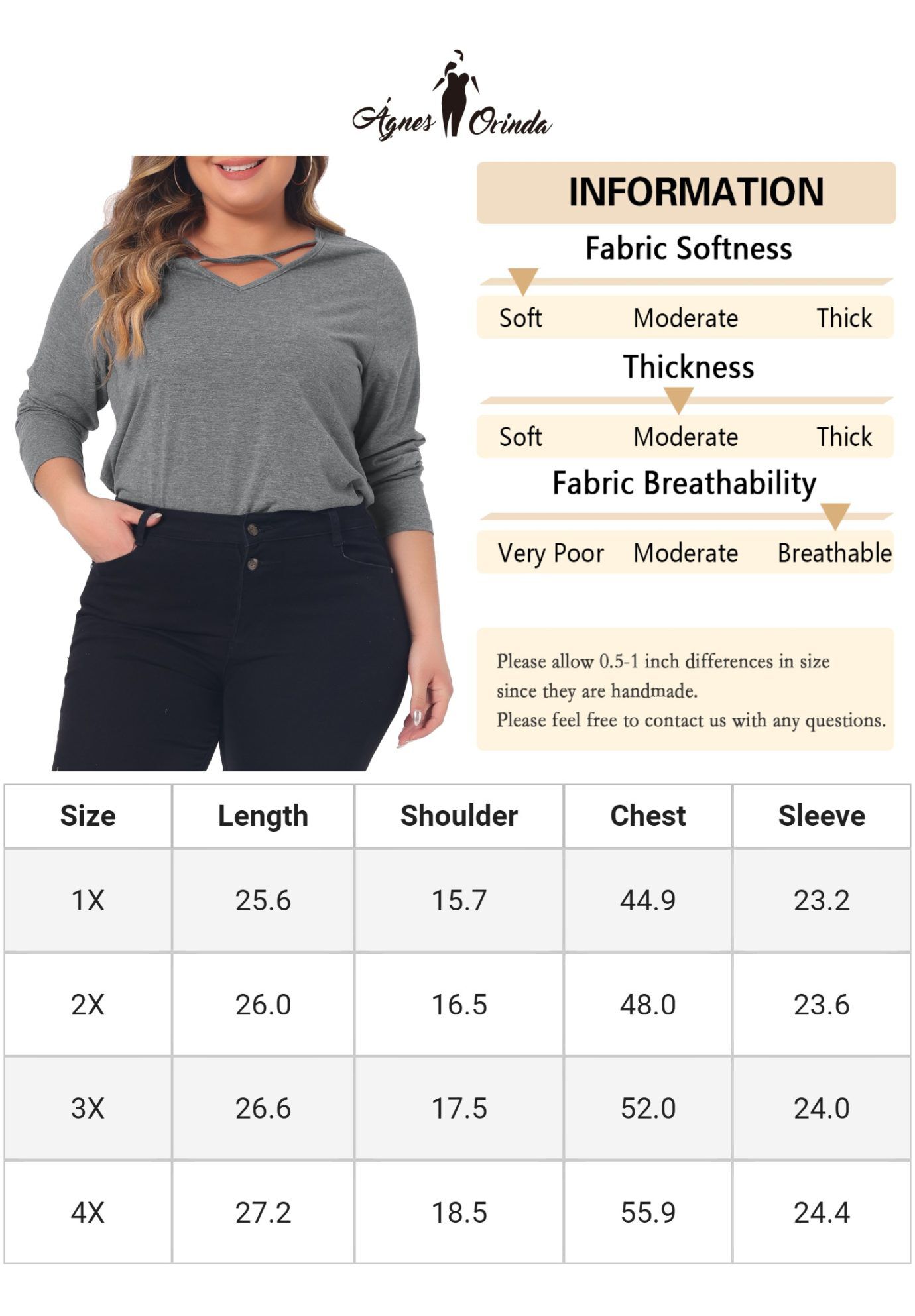 CROSS V NECK LONG SLEEVES T-SHIRT TOP, Grey / Light Grey, alternate image number 4