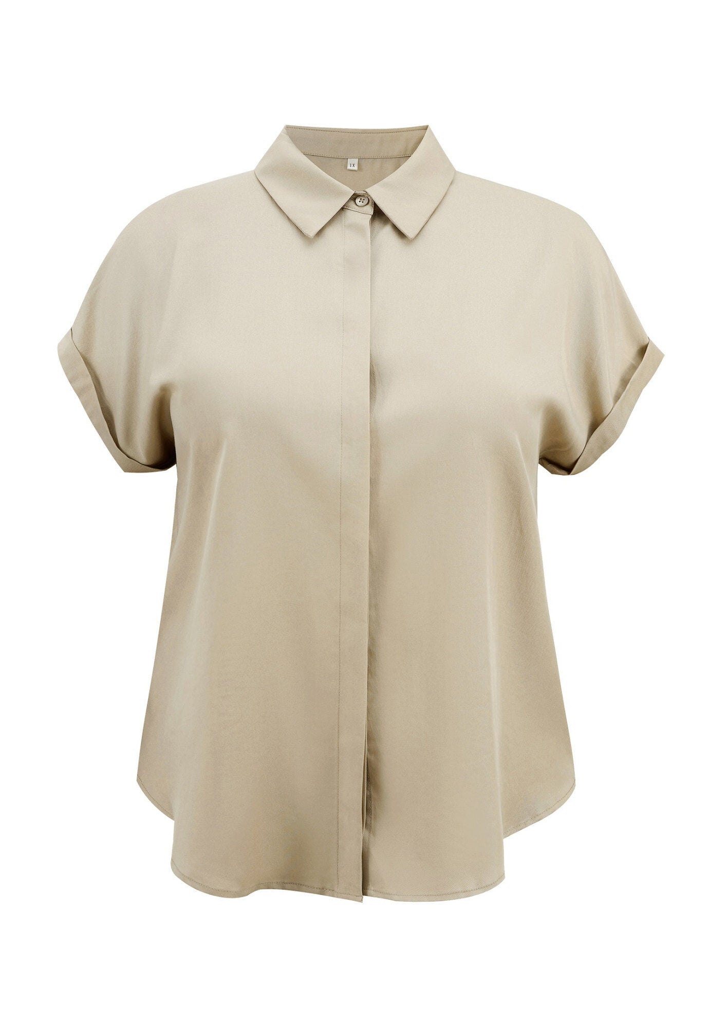 Button Down Lapel Shirt Rolled Cuffed Short Sleeve Collared Top, Khaki / Beige, alternate image number 4