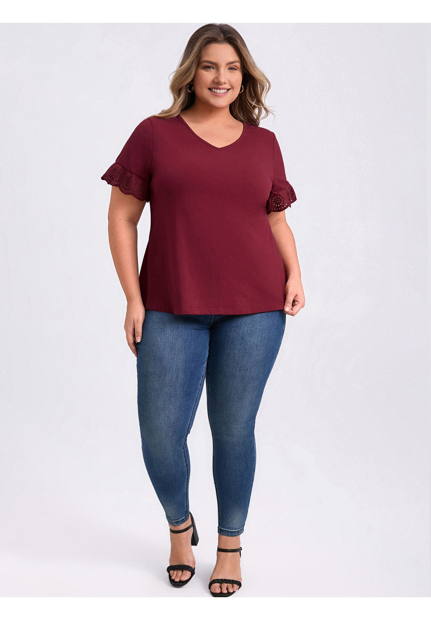 Eyelet Embroidered Lace Short Sleeve Blouse V Neck Top, Burgundy / Burgundy, alternate image number 1