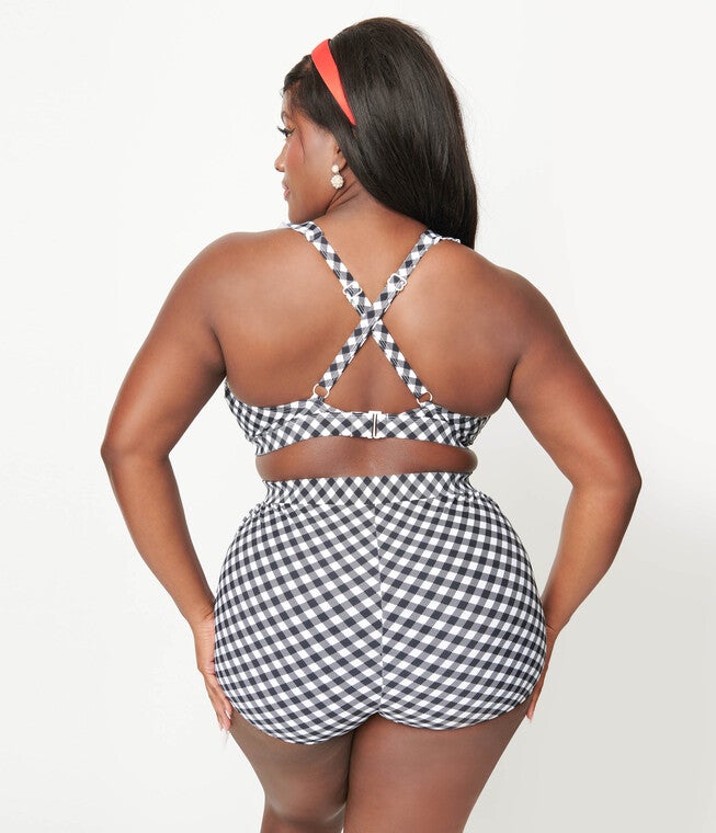 Unique Vintage Black & White Gingham Halter Swim Top, Black  White Gingham / Black, alternate image number 1