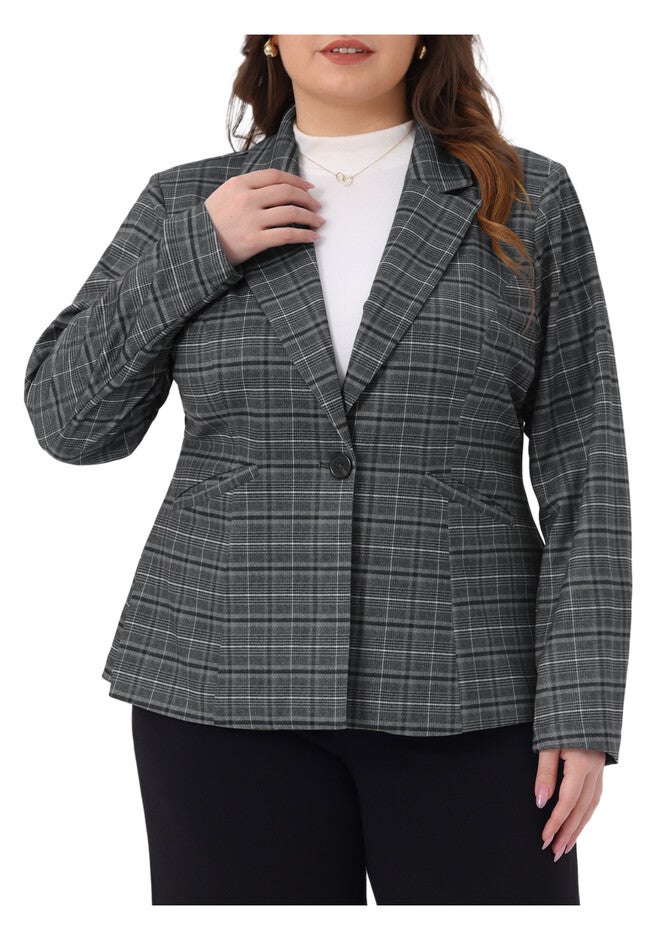 Business Casual Plaid Notched Lapel Blazers with Pockets, Gray / Charcoal Grey, alternate image number 2