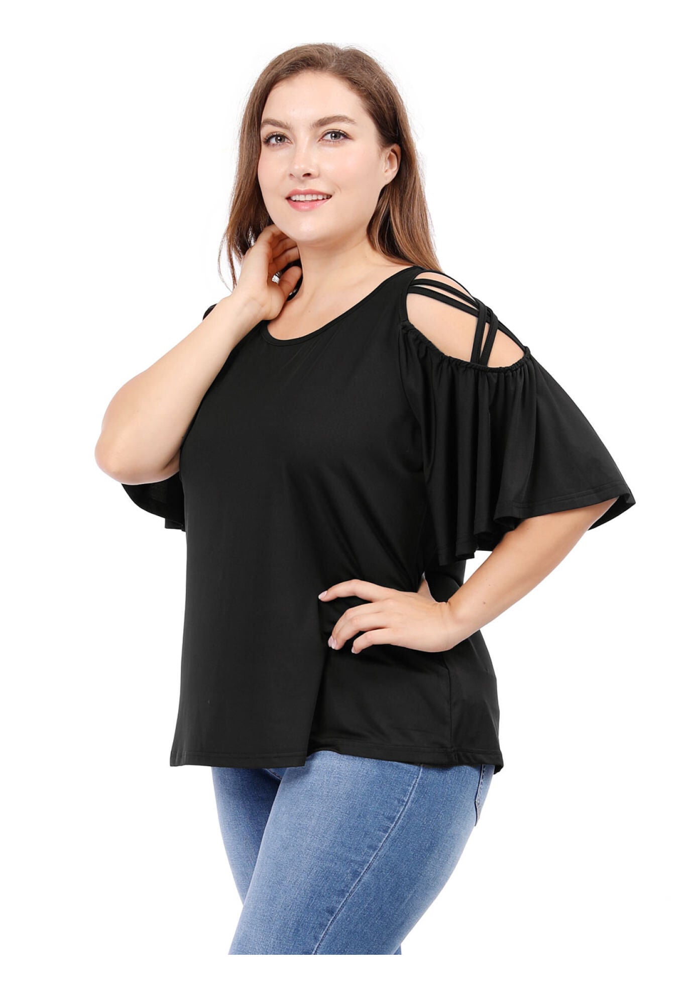 Cold Shoulder Bell Sleeve Summer Top, Black / Black, hi-res image number 0