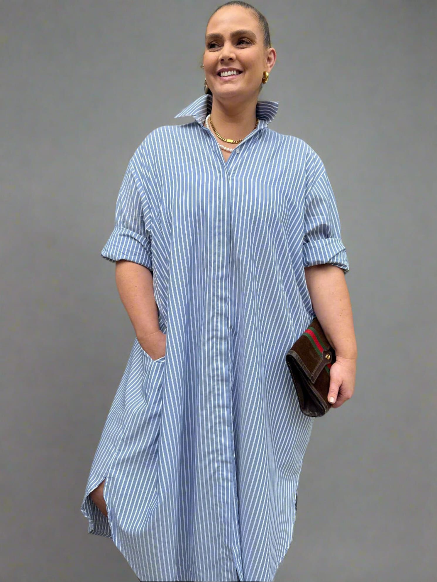 Mia Oversized Shirt Dress, Sky Blue Stripe / Light Blue, alternate image number 2