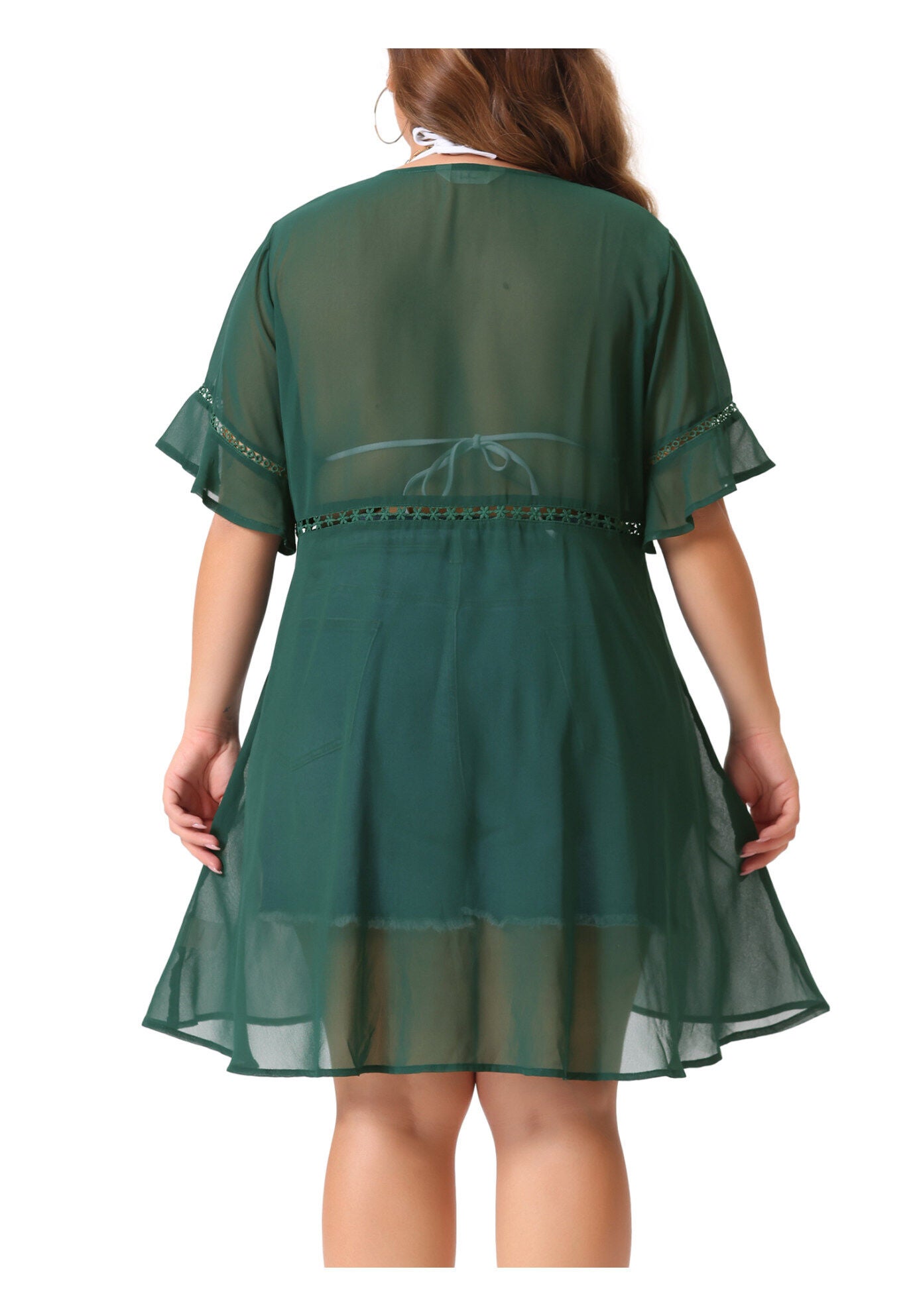 BIKINI COVER UP SHORT SLEEVE TASSEL TIE WAIST KIMONO, Dark Green / Hunter Green, alternate image number 3