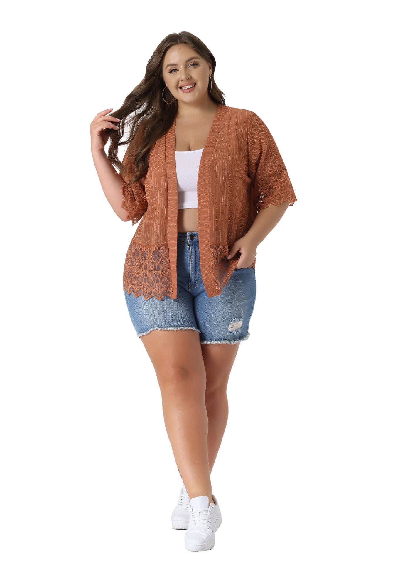 LACE SHRUG 1/2 SLEEVE BIKINI COVER KIMONO CARDIGAN, Orange Brown / Burnt Orange, hi-res image number 0