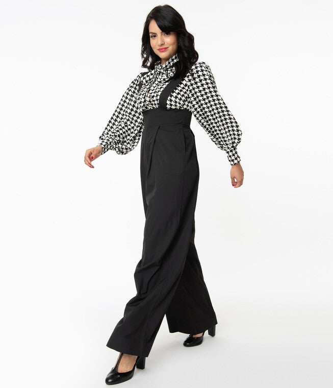Unique Vintage Black Wide Leg Rochelle Suspender Pants, Black / Black, alternate image number 4